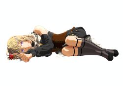 1girl absurdres bang_dream! bang_dream!_it&#039;s_mygo!!!!! bare_shoulders black_shoes black_shorts blonde_hair brown_corset clothing_cutout corset detached_sleeves doloris_(bang_dream!) flower full_body grey_socks highres holding holding_flower kneehighs knees_to_chest light_smile long_sleeves lying medium_hair misumi_uika on_side purple_eyes r@men red_flower shoes shorts shoulder_cutout socks solo white_background
