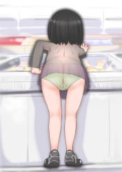1girl ass bare_legs bent_over black_hair dress female_focus from_behind full_body j7w loli long_sleeves original panties polka_dot polka_dot_panties reaching see-through_clothes shoes solo underwear