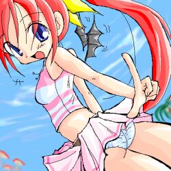 1girl ass belt blue_eyes blush breasts brown_belt cloud demon_wings from_behind hair_ribbon hana_(pangya) index_finger_raised long_hair looking_at_viewer looking_back marinba midriff mushroom open_mouth palm_tree pangya panties pink_shirt pink_skirt ponytail red_hair ribbon shirt skirt sky sleeveless sleeveless_shirt small_breasts smile standing striped_clothes striped_shirt tree underwear upskirt white_panties wings yellow_ribbon