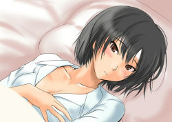 1girl amagami bed_sheet black_hair blush bob_cut breasts brown_eyes cleavage cold_pack collarbone commentary_request female_focus hand_on_own_chest looking_at_viewer lying medium_breasts messy_hair murasaki_iro nanasaki_ai on_back pajamas parted_lips pillow raised_eyebrows short_hair solo under_covers upper_body