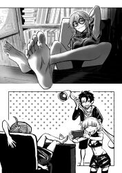 1boy 2girls barefoot cellphone feet feet_on_table glasses highres long_hair looking_at_viewer monochrome multiple_girls nanakusa_nazuna_(yofukashi_no_uta) phone reiquant round_eyewear smartphone smile soles toes uguisu_anko yamori_kou yofukashi_no_uta