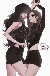 2girls 4girls aespa black_shirt black_shorts blue_eyes brown_hair closed_mouth commentary_request earrings gaecopper giselle_(aespa) highres jewelry k-pop karina_(aespa) korean_commentary leg_between_thighs long_hair long_sleeves multiple_girls ningning_(aespa) real_life ring shirt shorts simple_background smile sweatdrop white_background winter_(aespa) yuri