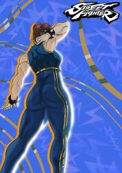 1girl ass bodysuit bracelet brown_hair capcom chun-li coach_aizen facing_away jewelry spiked_bracelet spikes street_fighter street_fighter_zero_(series) vest