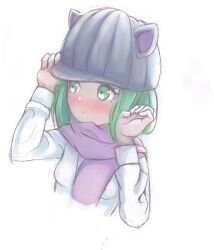 1girl alternate_costume animal_ears black_hat blush breasts cat_ears closed_mouth danganronpa_(series) danganronpa_another_episode:_ultra_despair_girls female_focus green_eyes green_hair hands_up hat long_sleeves matching_hair/eyes purple_skirt shirt simple_background skirt small_breasts solo solo_focus towa_monaca upper_body white_background white_shirt