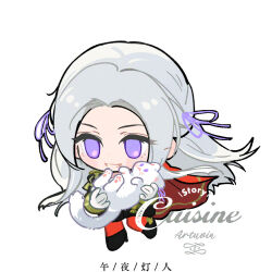 1girl animal artuvia black_shoes capelet carrying cat chibi chibi_only commentary_request edelgard_von_hresvelg fire_emblem fire_emblem:_three_houses garreg_mach_monastery_uniform gloves hair_ribbon high_heels juliet_sleeves long_hair long_sleeves nintendo no_pupils pantyhose parted_bangs puffy_sleeves purple_eyes purple_ribbon red_capelet red_pantyhose ribbon shade shoes simple_background smile solo white_background white_cat white_gloves white_hair