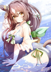 1girl absurdres animal_ears bare_arms bare_shoulders blue_one-piece_swimsuit blush bow breasts brown_hair cleavage closed_mouth green_bow hair_between_eyes highres horse_ears horse_girl horse_tail long_hair looking_at_viewer one-piece_swimsuit reaching reaching_towards_viewer satono_diamond_(umamusume) sidelocks smile solo sugi_(user_nash8444) swimsuit tail umamusume yellow_eyes