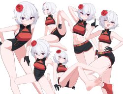 1girl ;d absurdres arm_up armpits bare_arms bare_legs bare_shoulders barefoot bebetang belt black_gloves black_leotard black_shorts breasts character_request crop_top crossed_legs dungeon_and_fighter flower gloves hair_flower hair_ornament half_gloves hand_on_own_hip hand_up highleg highleg_leotard highres index_finger_raised leaning_forward leg_up leotard looking_at_viewer midriff multiple_belts multiple_views navel one_eye_closed open_mouth original parted_lips pointy_ears purple_eyes red_shirt rose shirt short_hair short_shorts shorts simple_background sitting sleeveless sleeveless_shirt small_breasts smile stomach thighs white_background white_hair