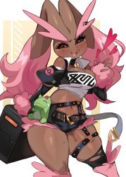 0lightsource 1girl absurdres animal_ears cosplay furry gen_4_pokemon heart highres looking_at_viewer lopunny mole navel nintendo pokemon rabbit_ears red_eyes smile solo standing stomach thick_thighs thighs