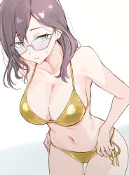 1girl absurdres alternate_costume bikini blush breasts brown_hair collarbone commentary_request glasses gold_bikini grey-framed_eyewear halterneck highres idolmaster idolmaster_cinderella_girls large_breasts long_hair looking_at_viewer navel round_eyewear side-tie_bikini_bottom simple_background solo stomach string_bikini sweat swimsuit unu_(unucence) white_background yagami_makino