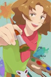 Rule 34 | 1boy, :d, brown hair, burgh (pokemon), commentary, green eyes, green shirt, hand up, happy, highres, holding, holding paint palette, holding paintbrush, long hair, male focus, nakikot t, nintendo, open mouth, paint palette, paintbrush, pants, pink scarf, pokemon, pokemon bw, scarf, shirt, smile, solo, symbol-only commentary, teeth, upper teeth only, wavy hair