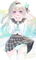 Rule 34 | 1girl, absurdres, black hairband, black ribbon, black sailor collar, blush, bow, bow panties, bowtie, clothes lift, collared shirt, commentary request, crying, crying with eyes open, embarrassed, english text, firefly (honkai: star rail), firefly (spring missive) (honkai: star rail), gradient eyes, gradient hair, green bow, green bowtie, green pants, green pupils, grey hair, grey skirt, hair between eyes, hair intakes, hair ornament, hair ribbon, hairband, highres, honkai: star rail, honkai (series), long hair, long sleeves, multicolored eyes, multicolored hair, open mouth, panties, pants, plaid bow, plaid bowtie, plaid clothes, pleated skirt, ribbon, sailor collar, shirt, skirt, skirt lift, solo, tears, thighhighs, tsuyuri eri, underwear, watermark, white shirt, white sleeves, white thighhighs, wind, wind lift