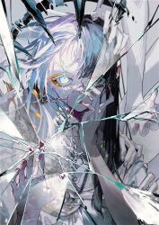 1girl absurdres against_fourth_wall black_eyes black_hair black_halo commentary_request crack disembodied_hand eyeshadow glowing glowing_eye halo hand_on_own_cheek hand_on_own_face highres long_hair looking_at_viewer makeup multicolored_hair original rolua solo split-color_hair upper_body white_eyes white_hair yellow_eyeshadow