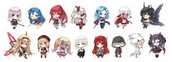 6+girls black_hair blonde_hair blue_eyes blue_hair borrowed_character chibi closed_eyes full_body glasses green_eyes hood long_hair looking_at_viewer multiple_girls open_mouth original pixiv_fantasia pixiv_fantasia_fallen_kings pointy_ears purple_hair red_eyes red_hair saru short_hair simple_background skirt smile sword weapon white_background white_hair wings