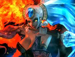 1girl breasts colored_skin eyeshadow female_focus fire gerudo green_skin ice jewelry lipstick long_hair makeup makeup_brush nintendo one_eye_closed pointy_ears red_hair silver_hair sizu smile solo the_legend_of_zelda the_legend_of_zelda:_ocarina_of_time twinrova twintails