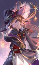 1girl animal_ears black_coat black_hat black_necktie braid brown_hair coat collared_shirt english_text floating_hair gloves grin happy_birthday hat head_tilt highres horse_ears horse_girl inishie_kumo long_hair looking_at_viewer necktie open_clothes open_coat purple_hair shirt skirt smile solo sparkle sweep_tosho_(umamusume) umamusume v-shaped_eyebrows white_gloves white_shirt white_skirt witch_hat