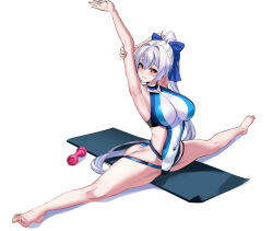 1girl absurdres arm_behind_head armpits arms_up ass bare_arms bare_legs bare_shoulders barefoot blue_bow blue_one-piece_swimsuit blush bow breasts clothing_cutout commentary competition_swimsuit crow019 double-parted_bangs dumbbell exercising fate/grand_order fate_(series) feet flexible from_side front_zipper_swimsuit_(realise) full_body grey_hair grin groin_tendon hair_between_eyes hair_bow hair_intakes high_ponytail highleg highleg_one-piece_swimsuit highres holding_own_arm large_breasts legs long_hair long_legs looking_at_viewer meme_attire multicolored_swimsuit on_floor one-piece_swimsuit open_hand ponytail red_eyes side_cutout side_sitting_split sideways_glance simple_background sitting sitting_split smile solo split spread_legs stretching striped_clothes striped_one-piece_swimsuit swimsuit teeth thick_thighs thighs toes tomoe_gozen_(fate) tomoe_gozen_(swimsuit_saber)_(fate) tomoe_gozen_(swimsuit_saber)_(first_ascension)_(fate) turning_head turtleneck turtleneck_one-piece_swimsuit two-tone_swimsuit very_long_hair white_background white_hair white_one-piece_swimsuit wide_spread_legs yoga_mat