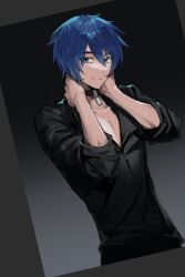 Rule 34 | 1boy, black background, black choker, black shirt, blue eyes, blue hair, buckto, choker, closed mouth, commentary request, gradient background, hands on own neck, hands up, highres, kaito (guilty) (vocaloid), kaito (vocaloid), korean commentary, long sleeves, looking at viewer, male focus, shirt, short hair, smile, solo, upper body, vocaloid