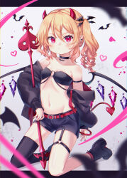1girl alternate_costume bandeau bat_(animal) belt black_bandeau black_boots black_choker black_shorts black_thighhighs blonde_hair boots breasts choker commentary_request crystal demon_horns demon_tail earrings flandre_scarlet full_body groin hair_between_eyes hair_ornament heart highres horns jewelry kneeling laevatein_(touhou) long_hair looking_at_viewer mimi_(mimi_puru) navel o-ring o-ring_top one_side_up pointy_ears red_belt red_eyes ribs shorts single_thighhigh small_breasts solo stomach tail thighhighs touhou wing_hair_ornament wings