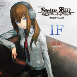 1girl belt black_pantyhose black_shorts breast_pocket breasts brown_hair collared_shirt couch hair_between_eyes hair_over_shoulder headphones highres holding holding_phone huke leather_belt looking_at_viewer makise_kurisu necktie no_jacket official_art on_couch pantyhose phone pocket purple_eyes purple_trim red_necktie ringed_eyes shiny_lips shirt shorts sitting small_breasts smile solo square_pupils steins;gate white_belt white_shirt