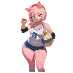 1girl alternate_costume amy_rose ball blue_shorts breasts collarbone commentary cowboy_shot dolphin_shorts elbow_pads english_commentary eyelashes furry furry_female green_eyes hand_up highres holding holding_ball medium_breasts pink_fur pointing pointing_at_self shorts smewed smile solo sonic_(series) sportswear standing tank_top thigh_gap transparent_background v-shaped_eyebrows volleyball volleyball_uniform white_tank_top wide_hips