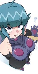 armor bare_shoulders bike_shorts blue_hair breasts fang frog_boy gauntlets hat highres keroro_gunsou kohiru_atsuku looking_at_viewer medium_breasts nishizawa_momoka purple_eyes short_hair shoshinsha_mark sidelocks simple_background skin_fang spiked_hair tamama white_background wings