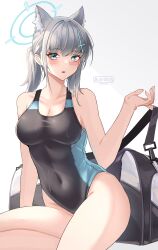Rule 34 | 1girl, absurdres, akanora, animal ear fluff, animal ears, bag, black one-piece swimsuit, blue archive, blue eyes, breasts, competition swimsuit, covered navel, cross hair ornament, extra ears, grey hair, hair ornament, halo, highres, looking at viewer, low ponytail, medium breasts, medium hair, mismatched pupils, multicolored swimsuit, official alternate costume, one-piece swimsuit, ponytail, shiroko (blue archive), shiroko (swimsuit) (blue archive), sitting, solo, swimsuit, wolf ears