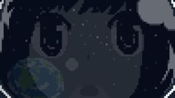 1girl animated animated_gif breath close-up commentary earth_(planet) english_commentary frogapples helmet looking_at_viewer looping_animation moon open_mouth original pixel_art planet reflection shooting_star solo space space_helmet star_(sky)