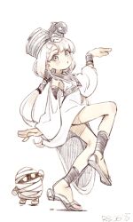 Rule 34 | 1girl, :o, ancient egyptian clothes, black sash, blush stickers, braid, character request, cleopatra fortune, clothing cutout, cosplay, creature, from side, full body, hat, highres, hisakawa nagi, idolmaster, idolmaster cinderella girls, imay3927, long hair, long sleeves, looking at viewer, looking to the side, low twintails, mummy, no socks, patrako (cleopatra fortune), patrako (cleopatra fortune) (cosplay), robe, sandals, sash, shoulder cutout, side braid, simple background, solo, standing, standing on one leg, tiptoes, twintails, usekh collar, waist sash, white background, white eyes, white hair, white robe