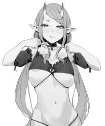 1girl braid braided_bangs breasts clothes_lift commentary detached_sleeves english_commentary fang frilled_bikini_top frilled_sleeves frills greyscale halterneck hands_up highres horns lifting_own_clothes light_blush lips long_hair long_sidelocks looking_at_viewer low_twintails makachi_to medium_breasts mole mole_under_mouth monochrome navel nijisanji nipples open_mouth pointy_ears rindou_mikoto rindou_mikoto_(6th_costume) short_eyebrows short_sleeves sidelocks simple_background skin-covered_horns skin_fang smile solo stomach straight-on strap_lift thick_eyebrows twintails upper_body very_long_hair virtual_youtuber white_background