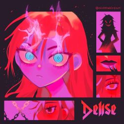 Rule 34 | 1girl, arms behind back, blue eyes, chain, character name, commentary, dress, embers, english commentary, flaming eye, frown, highres, limited palette, mimpish, original, parted lips, pink lips, red hair, short dress