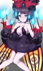 Rule 34 | 1girl, absurdres, artist name, bare shoulders, black dress, breasts, center opening, cleavage, closed mouth, commentary, covered navel, dress, english commentary, expressionless, fate/grand order, fate (series), flower, gradient background, hair flower, hair ornament, highres, katsushika hokusai (fate), katsushika hokusai (third ascension) (fate), knees together feet apart, medium breasts, niemi.lanmak, purple eyes, purple hair, short hair, solo, swept bangs, white background