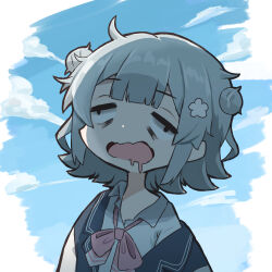 1girl ^^^ bags_under_eyes blazer blue_sky bow bowtie cevio chibi cloud cloudy_sky collared_shirt commentary_request constricted_pupils day double_bun drooling grey_hair grey_sweater hair_bun highres hon_mirin_(nodaminn) jacket koharu_rikka morning mouth_drool open_clothes open_jacket open_mouth pink_bow pink_bowtie raised_eyebrows saliva school_uniform shaded_face shirt sky solo sweater synthesizer_v twitching upper_body wall-eyed