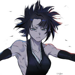 1girl armpits backless_dress backless_outfit bare_back bare_shoulders black_dress black_hair black_robe black_sleeves bleach bleach:_sennen_kessen-hen blue_eyes breasts collarbone debris detached_sleeves dress floating_hair hair_between_eyes highres looking_at_viewer mature_female messy_hair p_glansk parted_lips robe shihakusho short_hair sideboob sidelocks signature solo squinting striped_clothes striped_dress striped_robe sui-feng twitter_username white_background white_stripes