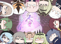angry animal_ears aponia_(honkai_impact) blonde_hair blue_eyes blue_hair bow_(weapon) brown_hair cat_ears cat_girl commentary cup eden_(honkai_impact) elysia_(herrscher_of_human:_ego)_(honkai_impact) elysia_(honkai_impact) energy_arrow fu_hua green_hair grey_hair griseo griseo_(starry_impression) highres holding holding_bow_(weapon) holding_cup holding_weapon honkai_(series) honkai_impact_3rd horns kalpas_(honkai_impact) kevin_kaslana kosma looking_at_viewer marin_liekuriva mask mask_on_head mobius_(honkai_impact) pardofelis red_hair yae_sakura_(goushinnso_memento) shaded_face smile su_(honkai_impact) vill-v weapon white_hair yae_sakura yae_sakura_(goushinnso_memento)
