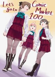 3girls absurdres akigumo_(kancolle) boots bow bowtie brown_hair double_bun dress glasses green_bow green_bowtie green_eyes green_necktie grey_legwear hair_bun hair_ribbon highres kantai_collection kazagumo_(kancolle) lace-up_boots long_hair long_sleeves makigumo_(kancolle) mole mole_under_eye multiple_girls necktie ojipon pantyhose pink_hair pleated_dress ponytail purple_dress ribbon school_uniform sleeves_past_fingers sleeves_past_wrists twintails yellow_eyes