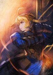 1girl ahoge armor artoria_pendragon_(fate) blonde_hair blue_eyes fate/grand_order fate_(series) female_focus gauntlets hichi holding holding_sword holding_weapon puffy_sleeves saber_(fate) signature solo standing sword two-handed weapon