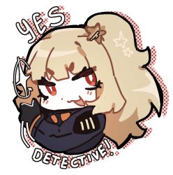 Rule 34 | 1girl, :3, black gloves, blonde hair, blue jacket, blush, ezra (project moon), gloves, hair ornament, jacket, long hair, long sleeves, ny 000a, open mouth, ponytail, project moon, red eyes, sidelocks, simple background, smile, solo, sparkle, star (symbol), star hair ornament, the distortion detective, thumbs up, white background