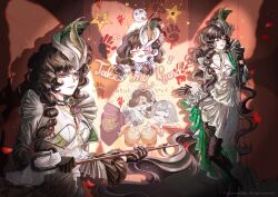 1boy 5girls a_knight_(reverse:1999) black_footwear black_gloves black_hair blanket blue_cape blunt_bangs bob_cut boots cane cape chibi chibi_inset closed_eyes closed_mouth curly_hair disco_ball english_text finger_to_mouth full_body gauntlets gloves grey_hair grey_hat grey_jacket grey_skirt hair_over_one_eye handprint hands_up hat high-low_skirt high_heels highres holding holding_blanket holding_cane holding_microphone_stand index_finger_raised isolde_(and_all_that_jazz)_(reverse:1999) isolde_(reverse:1999) jacket jewelry long_hair mercuria_(reverse:1999) microphone microphone_stand multiple_girls multiple_views music necklace official_alternate_costume one_eye_covered pearl_necklace pink_lips purple_hair red_background reverse:1999 shadow shirt short_hair shushing siblings side_ponytail singing skirt smile spotlight standing swaddled syta thigh_boots tuesday_(reverse:1999) twins twins_sleep upper_body vintage_microphone white_shirt