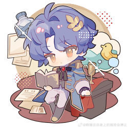 1boy against_desk alternate_costume arm_support black_bow black_bowtie black_footwear blue_coat blue_hair blush book bottle bow bowtie chinese_commentary coat commentary_request cup desk dr._ratio_(honkai:_star_rail) gold_trim highres holding holding_book honkai:_star_rail honkai_(series) looking_at_viewer male_focus orange_eyes pants paper parted_bangs plant_hair rubber_duck saucer_(saucer752) short_hair simple_background solo sparkle speech_bubble tailcoat thought_bubble watermark weibo_watermark white_background white_pants