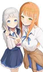 2girls absurdres blue_overskirt blue_ribbon blue_skirt blush brown_cardigan cardigan cardigan_around_waist clothes_around_waist dress_shirt fingernails gakuen_idolmaster grey_hair gyaru hatsuboshi_gakuen_school_uniform highres idolmaster jacket katsuragi_lilja kogal long_hair looking_at_viewer mole mole_under_eye multiple_girls nail_polish neck_ribbon orange_hair ribbon ritseya school_uniform scrunchie shirt shiun_sumika short_hair simple_background skirt smile straight_hair v white_jacket white_shirt wrist_scrunchie