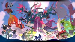 1boy area_zero blue_eyes brute_bonnet closed_mouth cyclizar day e_volution floating_scarf flutter_mane from_below iron_bundle iron_hands_(pokemon) iron_jugulis iron_leaves iron_moth iron_thorns iron_treads iron_valiant looking_down male_focus nintendo outdoors pokemon pokemon_(creature) pokemon_sv roaring_moon sandy_shocks scarf scream_tail short_hair silhouette sky slither_wing standing walking_wake yellow_eyes