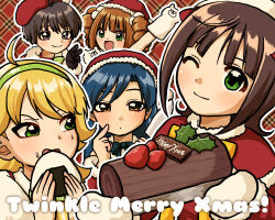 Rule 34 | 5girls, ahoge, amami haruka, black eyes, black hair, blonde hair, blue hair, brown eyes, brown hair, christmas, closed mouth, dot mouth, food, green eyes, green hairband, hairband, hat, highres, holding, holding food, holy night dress (idolmaster), hoshii miki, idolmaster, idolmaster (classic), idolmaster 1, idolmaster live for you!, kikuchi makoto, kisaragi chihaya, long hair, looking at viewer, merry christmas, multiple girls, okazuhamburg, one eye closed, onigiri, open mouth, orange hair, outline, plaid background, red hat, santa hat, short hair, smile, takatsuki yayoi, white outline, yule log (cake)