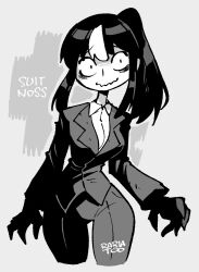 1girl alternate_costume bags_under_eyes black_hair black_suit breasts closed_mouth collared_shirt english_text formal_clothes gloves highres jacket jaggy_lines large_breasts long_fingers long_hair long_sleeves looking_at_viewer monochrome multicolored_hair noss_&amp;_zakuro noss_(rariatto) pants ponytail rariatto_(ganguri) shade shadow shirt smile solo streaked_hair suit vampire wavy_mouth white_hair white_shirt