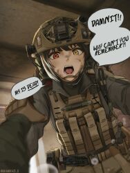 1girl abandoned ammunition_pouch amnesia angry army artist_name belt brown_hair bulletproof_vest camouflage combat_helmet dgkamikaze dirty dirty_face fang girls&#039;_frontline glock gun handgun helmet heterochromia highres holding holding_another&#039;s_arm holster indoors jacket looking_at_viewer military military_combat_uniform military_jacket military_uniform multicolored_hair open_mouth pouch pov red_eyes ro635_(girls&#039;_frontline) screaming signature soldier speech_bubble teeth war weapon white_hair yellow_eyes