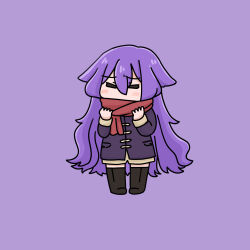 1girl black_boots blush boots chibi closed_eyes coat commentary_request facing_viewer full_body hair_between_eyes hands_up highres honkai_(series) honkai_impact_3rd long_hair long_sleeves mokkyo_(motkyo) purple_background purple_coat purple_hair red_scarf scarf simple_background sirin solo standing thigh_boots very_long_hair