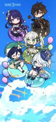 2boys 3girls balloon black_gloves black_thighhighs blue_eyes blue_hair blue_sky blunt_bangs bow bowtie braid braided_bangs brown_hair capelet cherry_blossoms chibi chinese_clothes chinese_commentary closed_eyes closed_mouth cloud cloudy_sky confetti cookie cup falling_petals floating food frilled_sleeves frills furina_(genshin_impact) genshin_impact gloves green_eyes green_hair hair_between_eyes hair_ornament hair_ribbon harp hat highres holding holding_cup holding_instrument holding_plate instrument japanese_clothes knee_up knees_together_feet_apart knees_up light_smile long_hair long_sleeves looking_at_viewer mole mole_under_eye multicolored_hair multiple_boys multiple_girls music musical_note nahida_(genshin_impact) neck_ribbon off_shoulder official_art open_mouth outdoors petals plate playing_instrument purple_eyes purple_hair raiden_shogun ribbon shooting_star short_hair single_braid sitting sky slime_(genshin_impact) spoken_musical_note star_(sky) teacup thighhighs venti_(genshin_impact) white_hair zhongli_(genshin_impact)