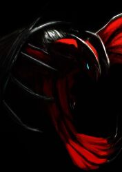 absurdres black_background blue_eyes claws colored_skin commentary crain1art dark flying full_body gen_6_pokemon highres horns legendary_pokemon nintendo no_humans pokemon pokemon_(creature) pokemon_focus red_skin solo tail talons wings yveltal