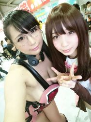 Rule 34 | 2girls, black hair, breasts, cattleya (queen&#039;s blade), cattleya (queen&#039;s blade) (cosplay), chouzuki maryou, cosplay, flower, glasses, green eyes, highres, hip focus, large breasts, multiple girls, photo (medium), plump, queen&#039;s blade, thick thighs, thighs, wide hips