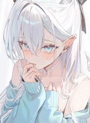 1girl blue_eyes blush choker collarbone earrings elf embarrassed hair_between_eyes hair_ribbon half_updo highres jewelry long_hair long_sleeves looking_at_viewer magako mole mole_on_collarbone nail_polish off_shoulder original parted_lips pearl_choker pointy_ears ribbon sleeves_past_wrists solo stud_earrings sweat sweater white_choker white_hair