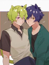 Rule 34 | 2boys, animal ears, aqua jacket, black shirt, blue hair, blue pants, cat boy, cat ears, cat tail, chinese commentary, closed mouth, commentary request, dark blue hair, ensemble stars!, film grain, green hair, hair over one eye, highres, jacket, lajiren247, long sleeves, male focus, multiple boys, open clothes, open collar, open jacket, pants, purple eyes, sazanami jun, shirt, short hair, short sleeves, smile, sweat, tail, tomoe hiyori, vest, white vest, yellow eyes